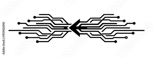 Abstract technology illustration featuring black circuit-board traces the design is symmetrical and horizontal, Flat vector style, high contrast, no gradients, no text.