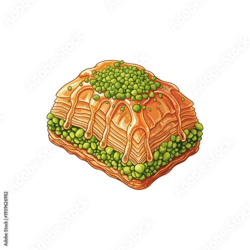 Turkish Baklava Sweet Pastry with Pistachios Flat Vector Illustration Isolated on White Background.