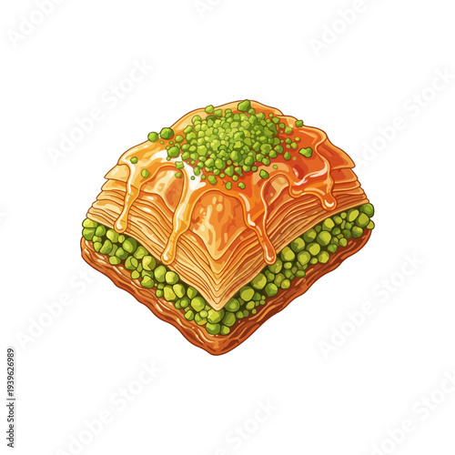 Turkish Baklava Sweet Pastry with Pistachios Flat Vector Illustration Isolated on White Background.