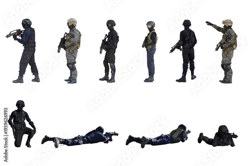 soldiers of the military and police special forces in tactical poses isolated on a white background