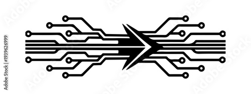 Abstract technology illustration featuring black circuit-board traces the design is symmetrical and horizontal, Flat vector style, high contrast, no gradients, no text.