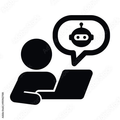 Human Using Laptop Chatting with AI Robot Icon Vector AI Chatbot Symbol Illustration representing AI assistant communication and online chatbot help.