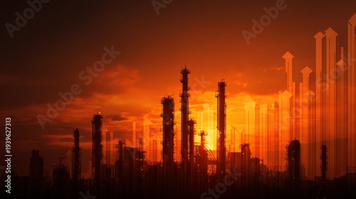 Fiery Sunrise Over Refinery Silhouette with Financial Growth Indicators Rising in the Sky