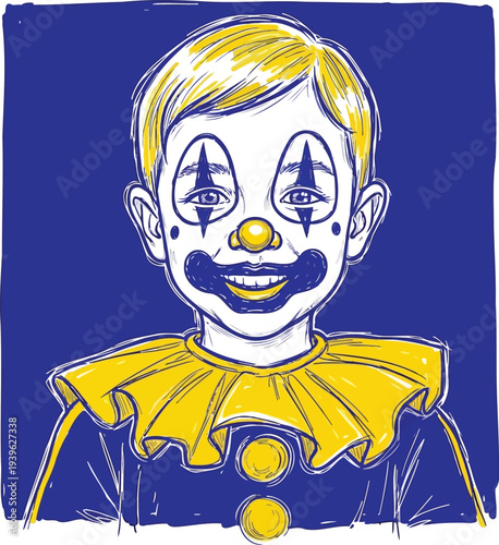 Hand Drawn Boy Clown Portrait in Blue and Yellow