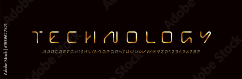 Technical wide golden font trendy alphabet, gold uppercase letters from A, B, C, D, E, F, G, H, I, J, K, L, M, N, O, P, Q, R, S, T, U, V, W, X, Y, Z and numbers from 0, 1, 2, 3, 4, 5, 6, 7, 8, 9 for i