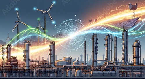 Industrial Landscape with Renewable Energy Turbines.
