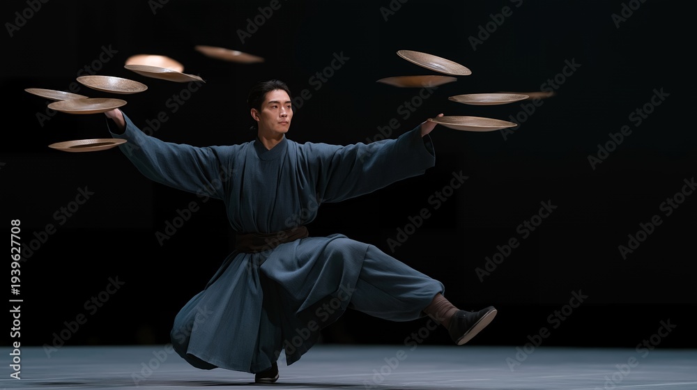Fototapeta premium Peking acrobat performing extraordinary balancing act with spinning plates in a traditional Chinese variety show, perfect for Chinese traditional performance, acrobat culture, balancing tradition,