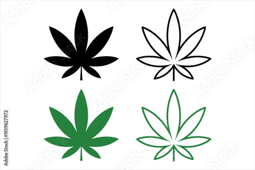Cannabis Leaf Icon Set, Marijuana Hemp Plant Symbol Collection