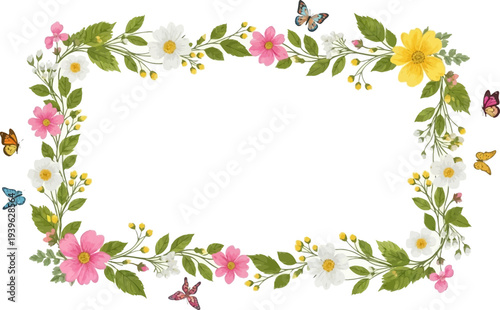 Beautiful floral wreath with butterflies and blank space
