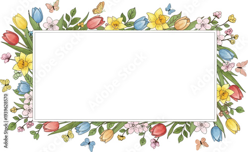 Vibrant floral frame with colorful flowers and butterflies