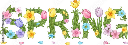 Vibrant spring flowers forming the word 'spring'