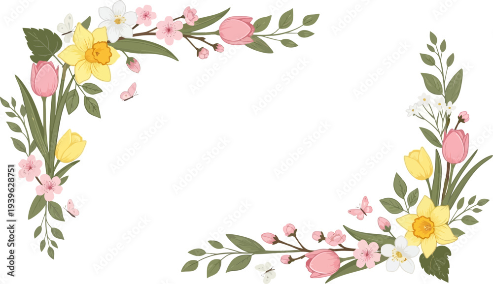 Obraz premium Vibrant floral border with butterflies and spring flowers