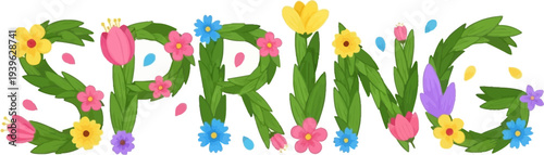 Vibrant spring flowers forming the word spring