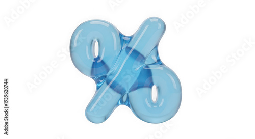 Shiny blue percent symbol made of liquid glass material transparent background