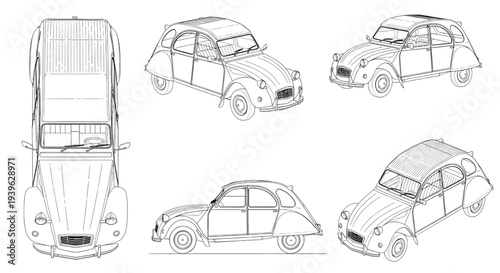 Classic Vintage Compact Car AutoCAD Blueprint Vector – Multi View Automotive Technical Drawing