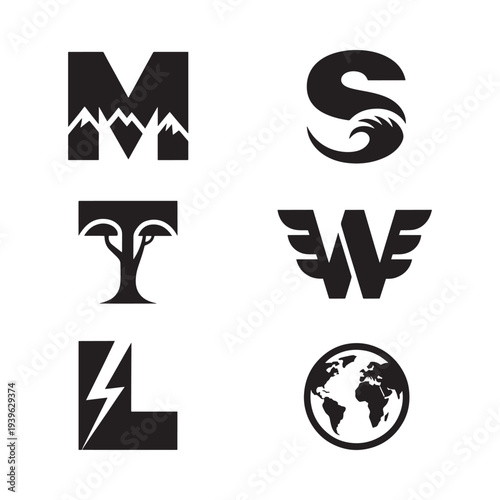 Abstract black icons representing mountains waves trees wings lightning and earth