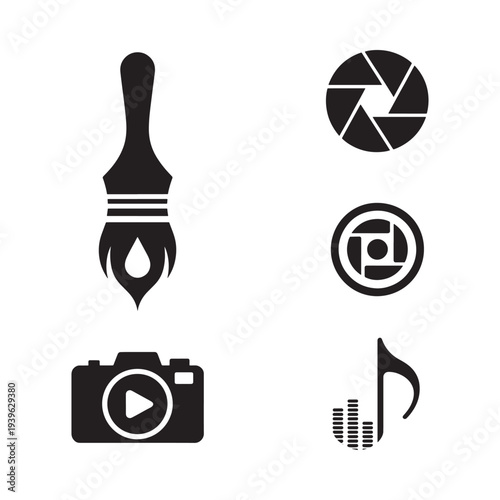 Black icons representing artistic tools paintbrush camera music and film