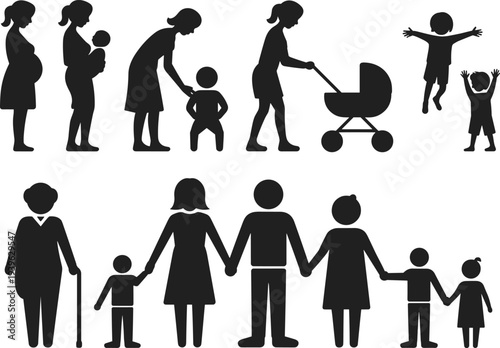 family life cycle silhouettes set, pregnancy motherhood parenting children growth stages icons collection flat vector illustration