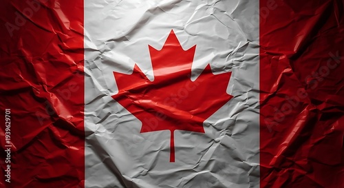 Crumpled canadian flag with red maple leaf on white and red background