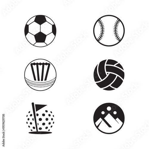 Black and white icons depicting various sports balls and equipment