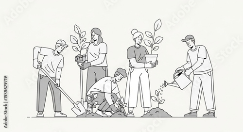 Group of people planting trees in a community garden, environmental conservation.