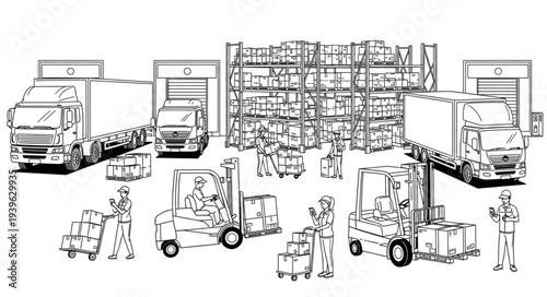 Warehouse logistics and transportation, trucks and forklifts, loading and unloading goods.