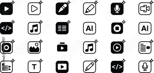 multimedia app interface icons set, ai content creation tools collection, media editing symbols pack, modern ui elements flat vector illustration