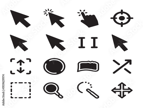Minimalist black and white cursor and pointer icons set