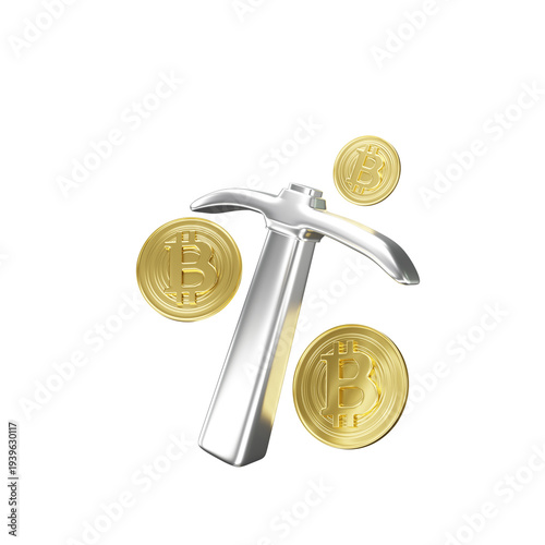 3D Render cryptocurrency icon bitcoin and hammer