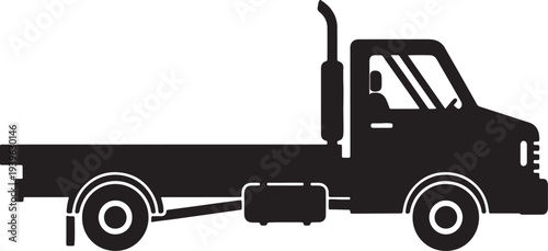 Black silhouette of a flatbed tow truck with a flat platform and cab also transparent background