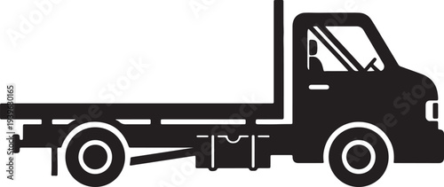Black silhouette of a flatbed truck viewed from the side also transparent background side view transportation