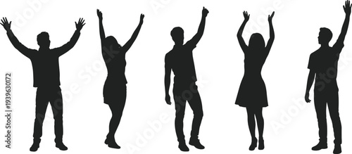 people raising hands silhouettes set, happy men and women celebration poses collection, cheering crowd gesture icons flat vector illustration