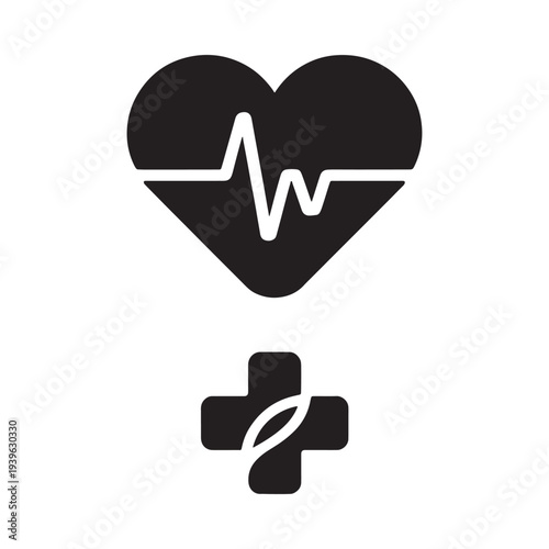 Black heart with electrocardiogram line and medical cross icon displayed