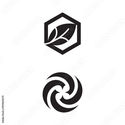 Minimalist logo designs featuring a leaf and abstract swirl graphic
