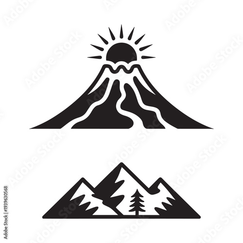 Black silhouette of a volcano with sunburst and distant mountain scene
