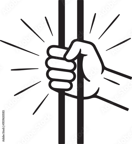 Hand gripping black prison bars with radiant lines also transparent background holding