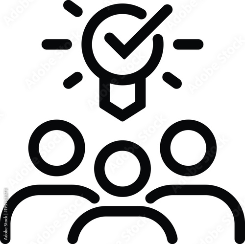 Black and white of people with a lightbulb and checkmark teamwork