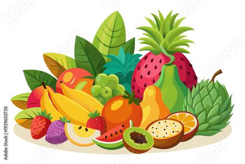 Colorful array of tropical fruits with mango, dragonfruit, kiwi, banana, and more against white background