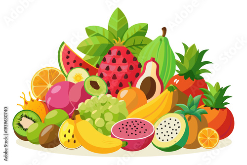 Vibrant exotic fruit arrangement featuring watermelon, kiwi, dragon fruit, avocado, banana, and more on a white background for healthy eating inspiration