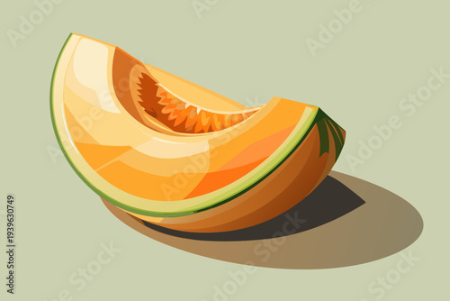 Vibrant slice of ripe cantaloupe melon with juicy orange flesh and green rind on soft beige background