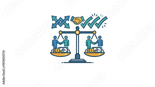 Flat vector icon symbolizing financial transparency, fair business negotiations, and mutual agreement. Represents balanced transactions, successful partnerships, and trustworthy deals