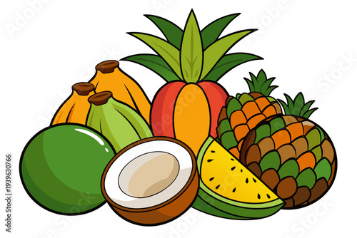Colorful tropical fruit collection featuring pineapple, mango, banana, coconut, and watermelon in a vibrant artistic style
