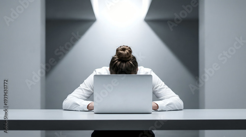 Wallpaper Mural Woman head down on laptop, feeling stressed and overwhelmed in modern office Torontodigital.ca