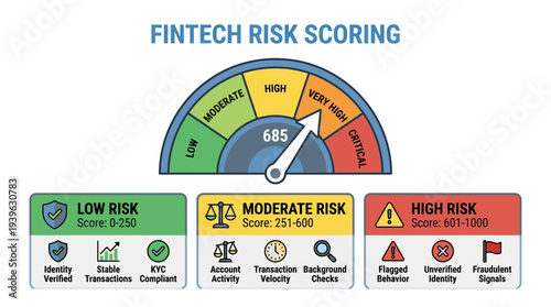 Detailed fintech risk assessment and credit scoring interface, highlighting low, moderate, and high-risk indicators for robust financial decision-making and security