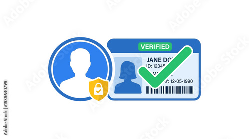 Secure digital identity verification and user authentication system with personal data protection for online platforms and secure access control, represented by a flat vector illustration
