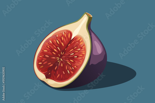 Vibrant half-fig illustration with deep purple skin and juicy red interior on blue background