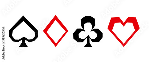 Poker playing cards suit. Geometric paper-cut style poker suits icons. Bold black and red angular spade, diamond, club, and heart vector symbols on white background.