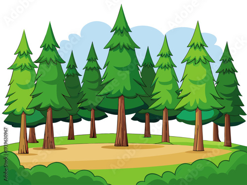 Lush cartoon forest scene with tall evergreen trees on a sunny day in a verdant glade with blue sky background