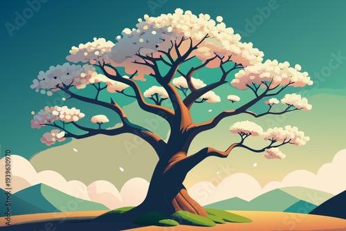 Majestic cherry blossom tree in tranquil landscape with rolling hills and soft clouds under a clear sky