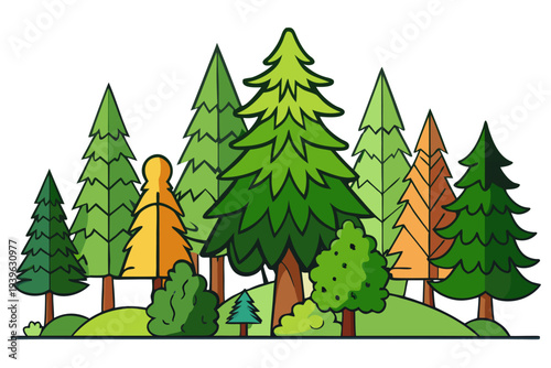 Colorful cartoon forest landscape with diverse trees on a hill on white background